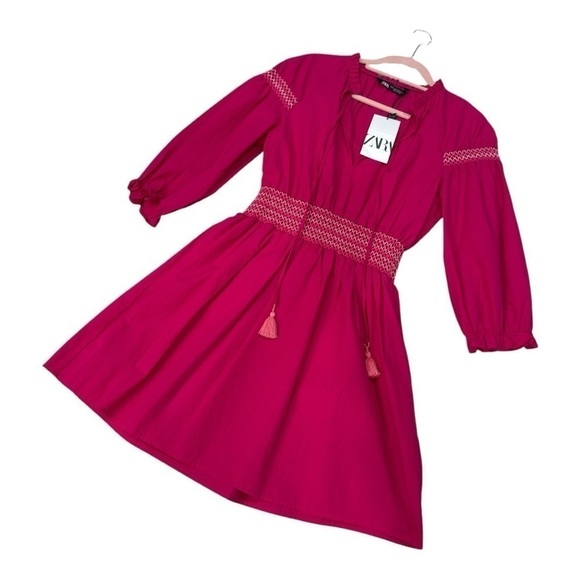 ZARA POPLIN DRESS WITH CONTRAST ELASTIC TRIM pink size XS NWT - Picture 10 of 11